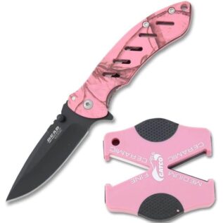 Bear & Son 816 Combo Pink Camo Folding Knife With Knife Sharpener