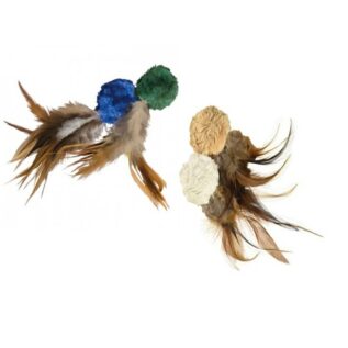 Kong Natural Crinkle Ball Plush Toy with Feathers, available in Tan & White or Blue & Green