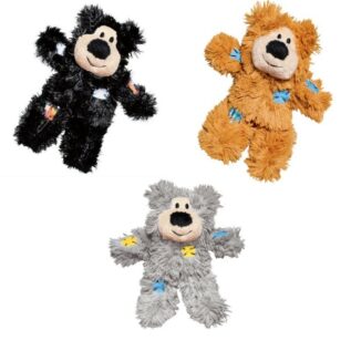 Kong SOFTIES Patchwork Bear Cat Plush Toy, available in Brown, Black or Grey
