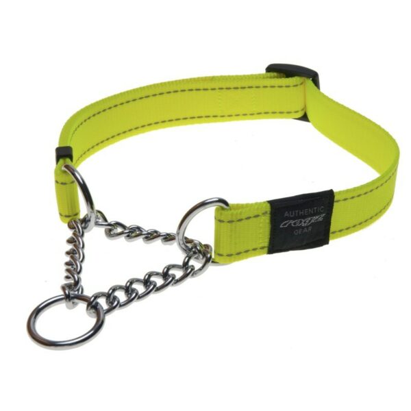 Rogz Utility Large 20mm Fanbelt Obedience Half-Check Dog Collar, Dayglo Yellow Reflective