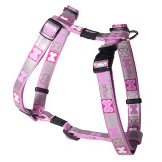 Rogz Pupz Reflecto Medium 16mm Reflective Puppy H-Harness, Pink Bones Design